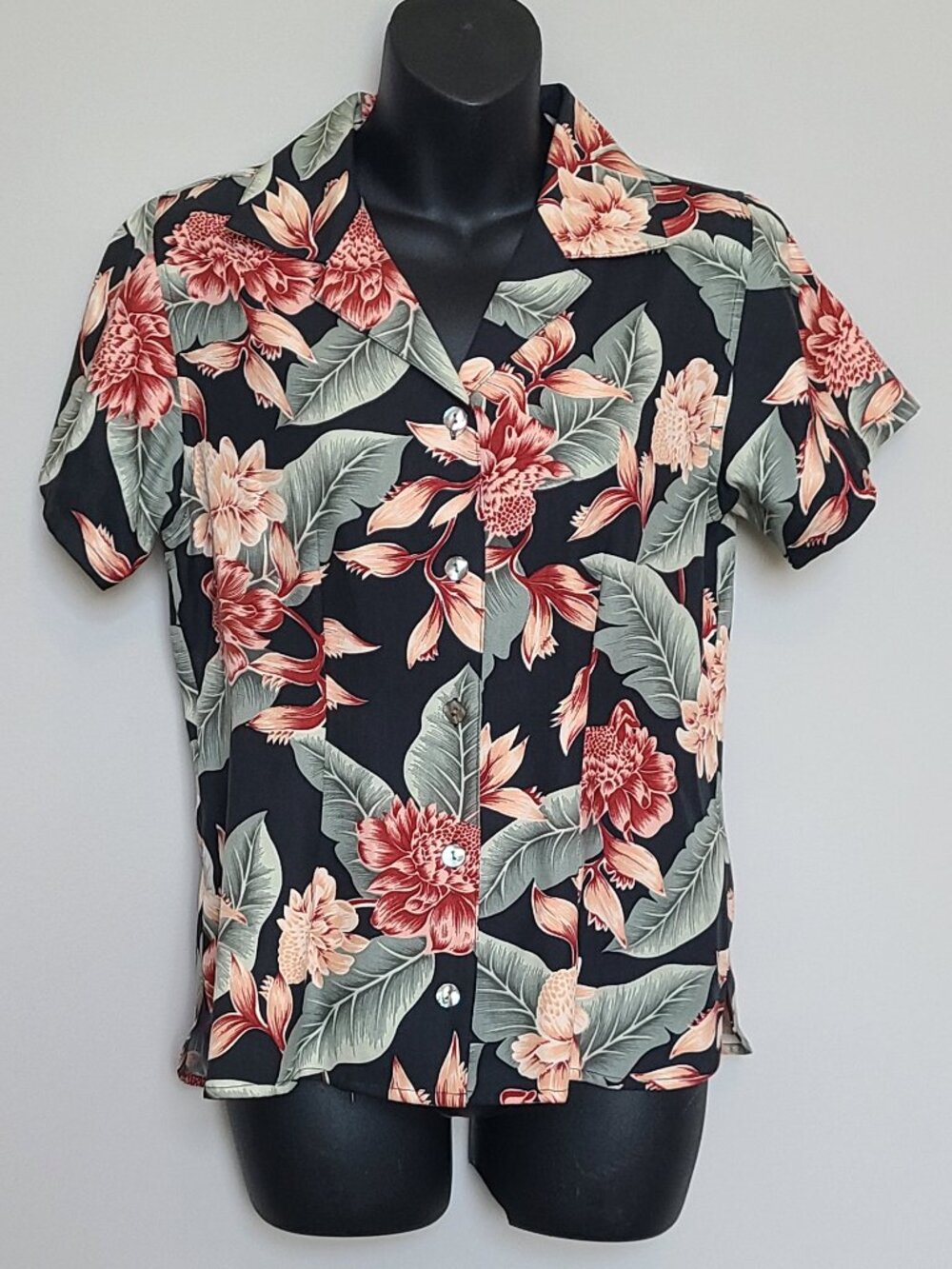 Tommy Bahama 100% Silk Hawaiian Shirt Women's XS  Black Pink Floral
